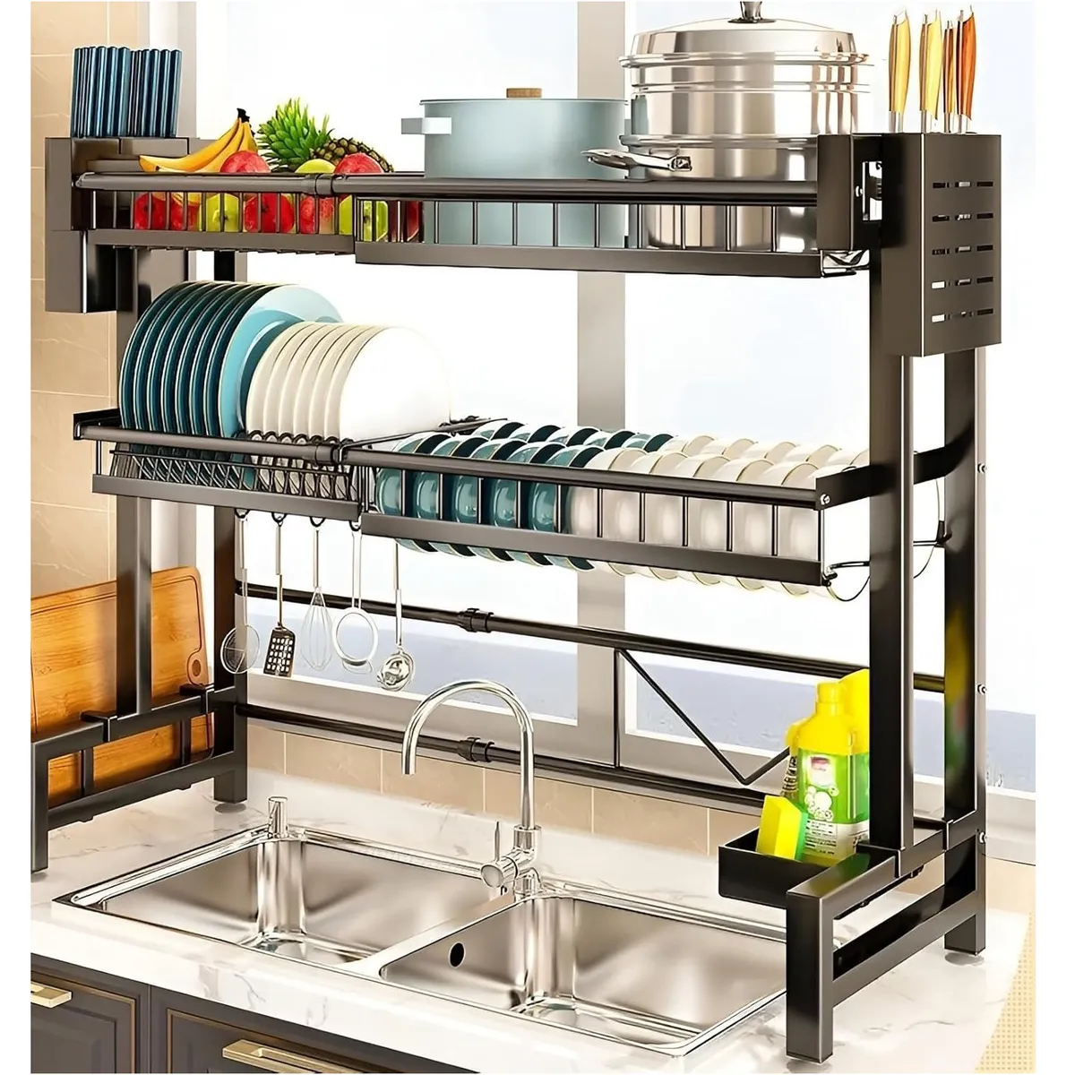 Secador Organizador Escurridor de Platos y Loza Inoxidable, vista completa con ollas, frutas y utensilios organizados