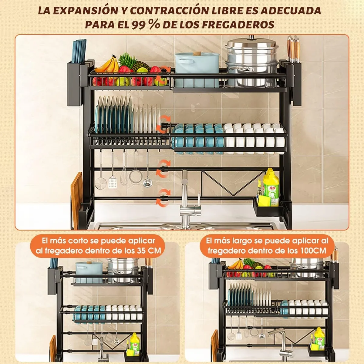 Diseño telescópico del Secador Organizador, se adapta al 99% de los fregaderos