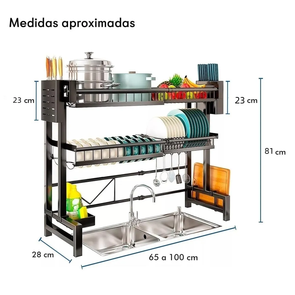 Secador Organizador con medidas: 81 cm de altura, 28 cm de profundidad, ancho ajustable de 65 a 100 cm